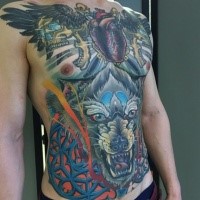 New school style colored large evil dog tattoo on chest with heart and skulls