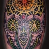 New school style colored leg tattoo of illustrative skull with ornaments
