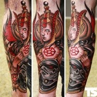 Neue Schule Stil farbiges Bein Tattoo von mystischer Frau und dämonischem Stormtrooper