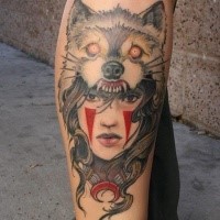 New school style colored leg tattoo of ancient woman with wolf helmet
