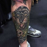 New school style colored leg tattoo of black panther