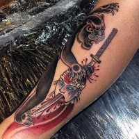 New school style colored leg tattoo of black panther with samurai head and sword