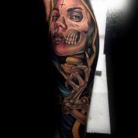 New school style colored leg tattoo of woman with skeleton