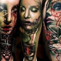 New school style colored leg tattoo of creepy demonic woman