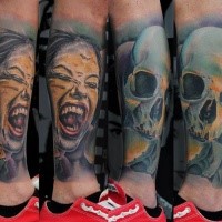 New school style colored leg tattoo of vampire woman with human skull