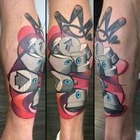New school style colored leg tattoo of funny buttons