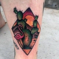 New school style colored leg tattoo of desert cactus with flamingo