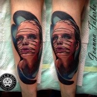 New school style colored leg tattoo of woman with needles