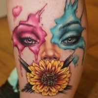 New school style colored leg tattoo of woman face with flowers