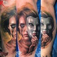 New school style colored leg tattoo of woman mask
