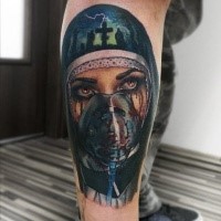 New school style colored leg tattoo of bloody Mother with mask