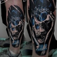 New school style colored leg tattoo of steamy human skeleton
