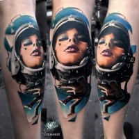 New school style colored leg tattoo of woman astronaut