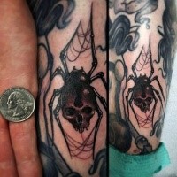 New school style colored leg tattoo of human skull with spider legs