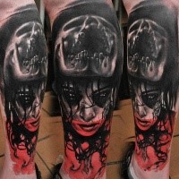 New school style colored leg tattoo of woman face with skull