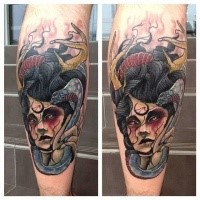 New school style colored leg tattoo of evil witch with snake and horns