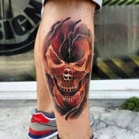 New school style colored leg tattoo of human skull