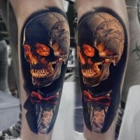 New school style colored leg tattoo of human skull with tox