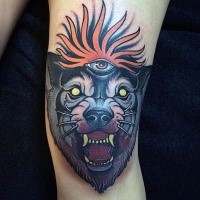 Neue Schule Stil farbiges Bein Tattoo mit dämonischem blutigem Wolfskopf