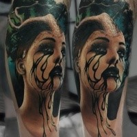 New school style colored leg tattoo of mystical woman in forest