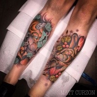 New school style colored legs tattoo of evil rabbit and leaves