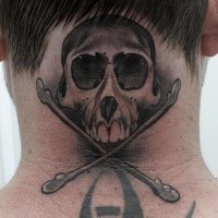 New school style colored neck tattoo of skull with crossed bones