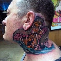 New school style colored neck tattoo of lighthouse with octopus