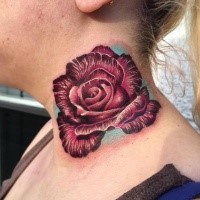 New school style colored neck tattoo of cool rose