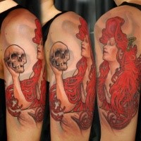 New school style colored red head woman with skull tattoo on shoulder