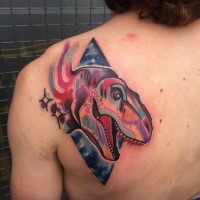 New school style colored scapular tattoo of dinosaur with stars