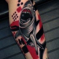 New school style colored shark tattoo on leg