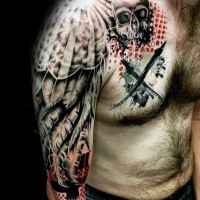 New school style colored shoulder and chest tattoo of feather and human skull
