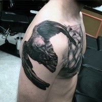 New school style colored shoulder and chest tattoo of big crow and sailing ship