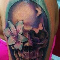 New school style colored shoulder tattoo of human skull with flowers and butterfly