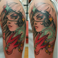 New school style colored shoulder tattoo of woman portrait with stars