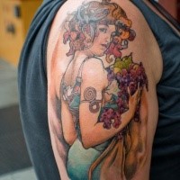 Neue Schule Stil farbiges Schulter Tattoo mit Frau und Früchten