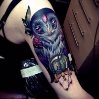 New school style colored shoulder tattoo of mystical owl with magic orb