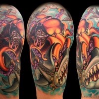 New school style colored shoulder tattoo of octopus riding the shark