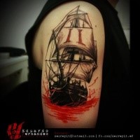New school style colored shoulder tattoo of sailing ship
