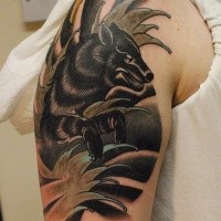 New school style colored shoulder tattoo of dark werewolf