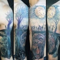 New school style colored shoulder tattoo of dark cemetery with werewolf and vampire