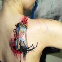 New school style colored shoulder tattoo of sand clock and ornaments