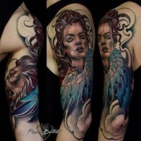 New school style colored shoulder tattoo of angel woman with lion