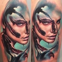 New school style colored shoulder tattoo of bloody woman