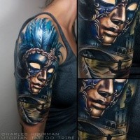 New school style colored shoulder tattoo of mystic woman in mask with medieval city