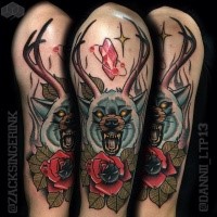 New school style colored shoulder tattoo of wold with deer horns and flower