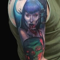 New school style colored shoulder tattoo of bloody vampire woman with human skull
