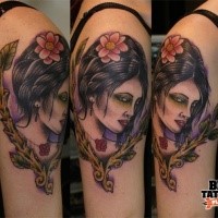 New school style colored shoulder tattoo of woman portrait with flower in hair