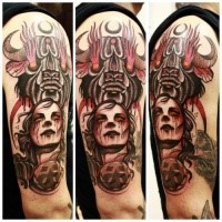 New school style colored shoulder tattoo of bloody woman face and demonic bull head