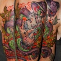 New school style colored shoulder tattoo of corrupted hand with snake